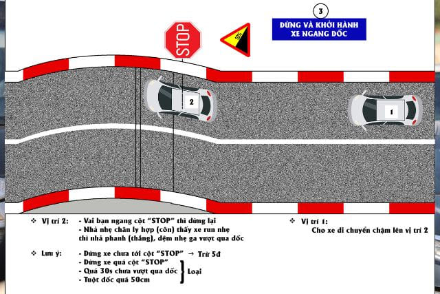 Bài thi 3: Dừng xe ngang dốc, khởi hành xe ngang dốc