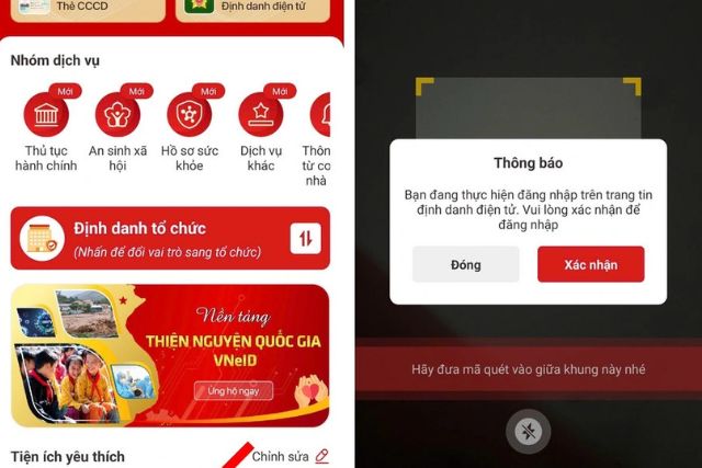 Trong ứng dụng VNeID chọn quét mã để tiếp tục thực hiện