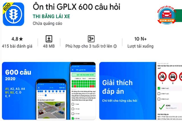 Ứng dụng Ôn thi GPLX 600 câu hỏi cũng rất phổ biến